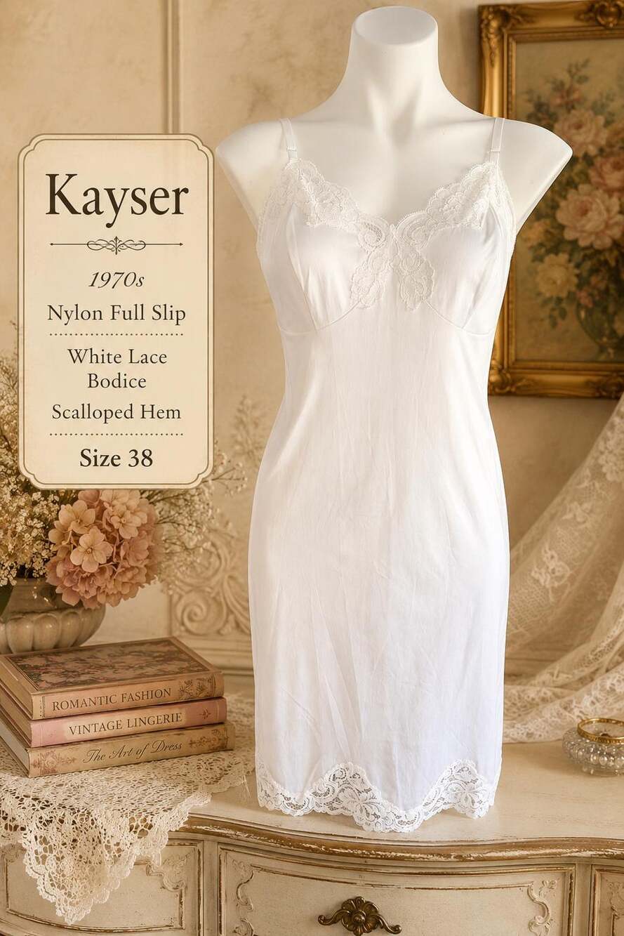 Vintage Kayser 1970s Nylon Full Slip White Lace Bodice Scalloped Hem Size 38